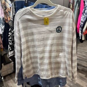 Peace Sign embroidered Striped Shirt - White and Gray